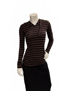 Bobi Striped Hooded Top Small Brown Black Sheer Long Sleeve